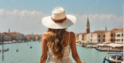 A girl in a hat and sundress with her back to the camera against the backdrop of Venice lifestyle