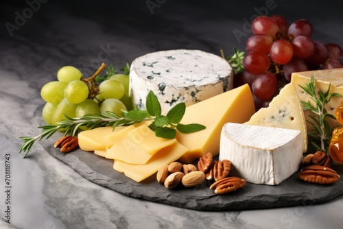 Cheese plate with a variety of cheeses, honey, grapes, nuts and fresh herbs on a concrete backgroun