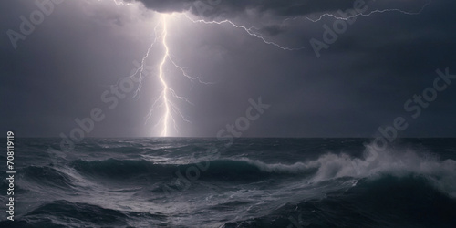 A beam of lightning struck the middle of the sea  waves spreading in a wide radius. ai generative