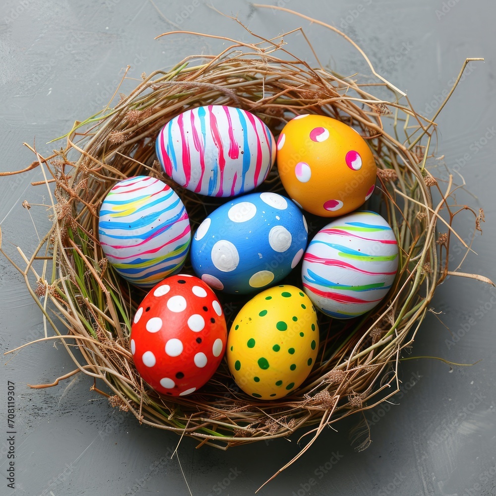 Obraz premium Colorful decorated by children in spots and stripes bright easter eggs