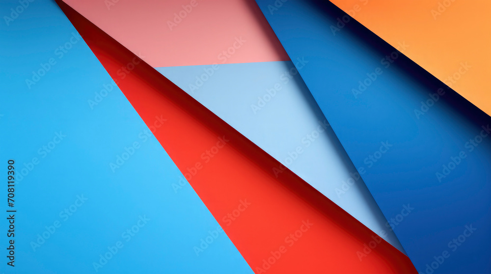 Closeup of pink blue rose orange and red paper cut style composition with layers or 3d gradient of geometric shapes and lines in shades. Top view. For web design