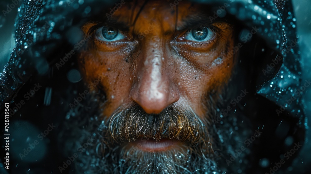 Close-up portrait of a bearded man face, black raincoat, serious face expression, looking up, cinematic lighting