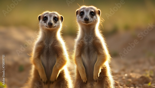 Cute meerkat standing in grass, looking at camera generated by AI