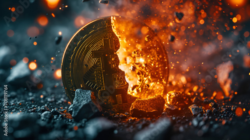 btc breaking with an explosion, end of bitcoin, bitcoin halving 2024, breaking bitcoin in half, halving concept, btc breaking photo