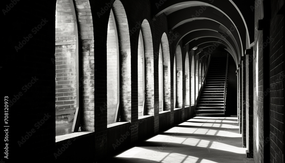 Ancient arches lead to a dimly lit corridor generated by AI