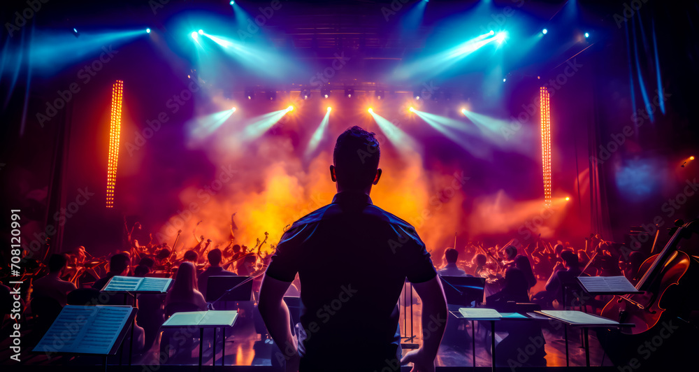 Man standing in front of stage filled with lights and orchestra instruments.