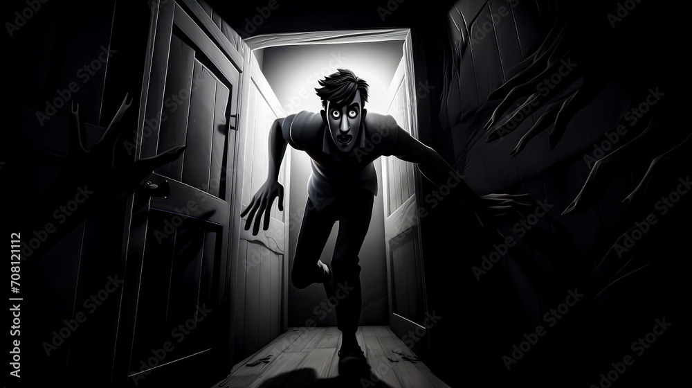 Creepy man is coming out of open door in dark room. Creepy man is coming out of open door in dark room.