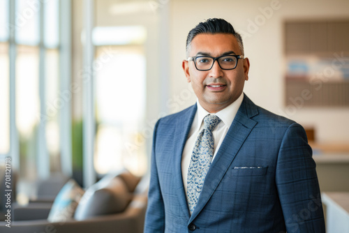 Professional headshot with a modern twist. a 45-year-old South Asian man dressed in a sharp suit standing confidently in an elegant office setting