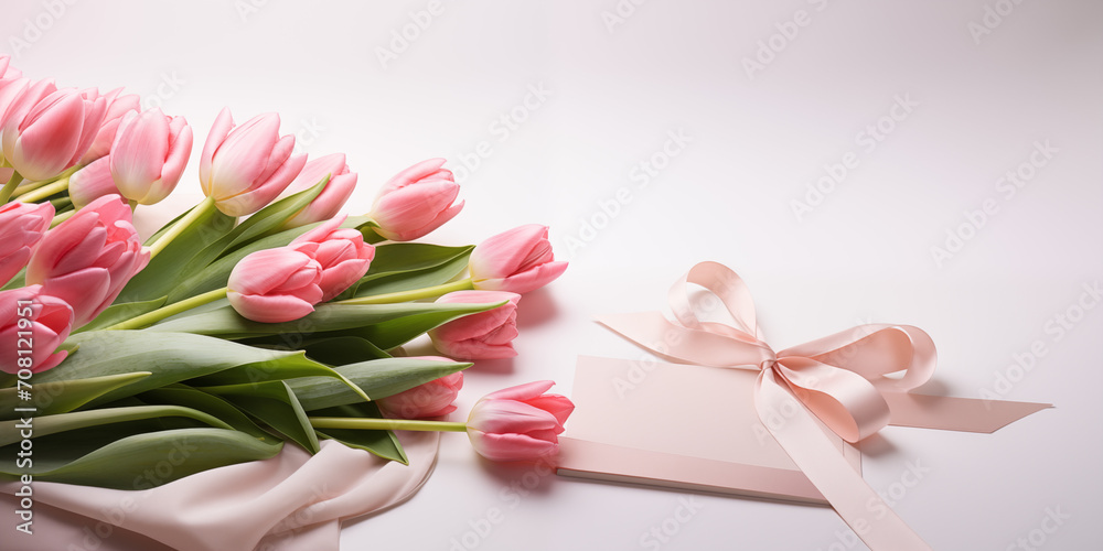 A postcard with a bouquet of pink tulips on a light pink background. Generative ai A postcard with a bouquet of pink tulips on a light pink background. Generative ai