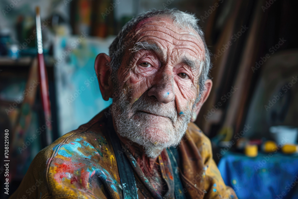 Experienced artist in documentary style, close-up. The subject is a 60-year-old Caucasian woman, a painter, with paint-splattered clothing and hands.