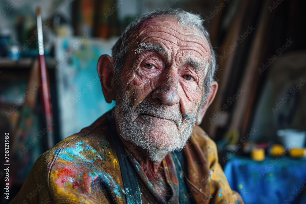 Experienced artist in documentary style, close-up. The subject is a 60-year-old Caucasian woman, a painter, with paint-splattered clothing and hands. Experienced artist in documentary style, close-up. The subject is a 60-year-old Caucasian woman, a painter, with paint-splattered clothing and hands.