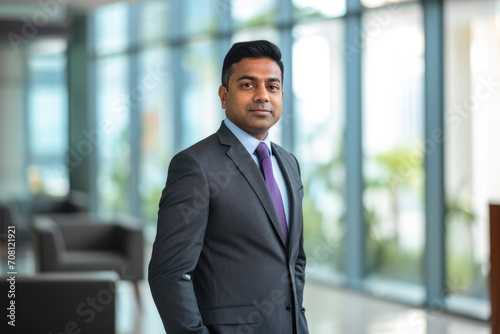 Professional headshot with a modern twist. a 45-year-old South Asian man dressed in a sharp suit standing confidently in an elegant office setting