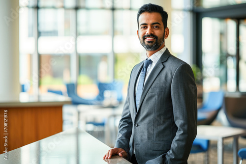 Professional headshot with a modern twist. a 45-year-old South Asian man dressed in a sharp suit standing confidently in an elegant office setting