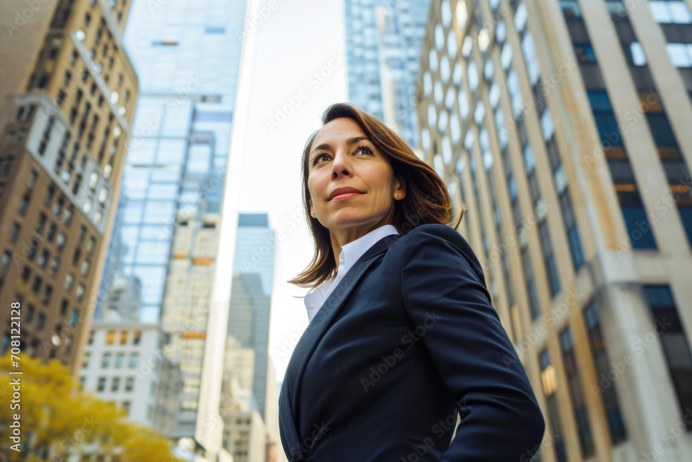middle - aged Hispanic woman, early 40s, in a tailored suit and tie, against a backdrop of modern city architecture. 