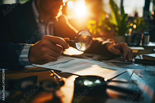 A businessman holds a magnifying glass in his hands while sitting at a table with documents on a sunny day. Business and finance concept. Audit, budget and income analysis