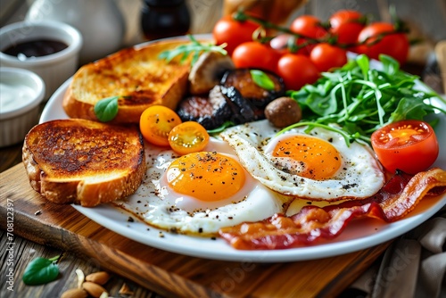 Breakfast with fried eggs, bacon, mushrooms and tomatoes on a wooden background