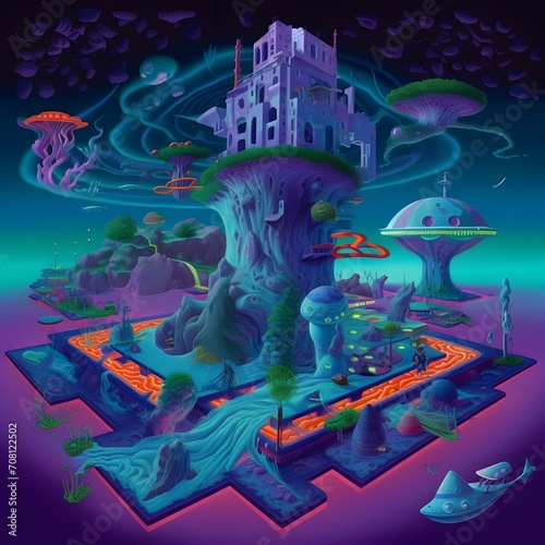 The surreal sci-fi 3d game shows a lonely implementation of a verdite island floating in a utopian threshold open pattern, in verdite style and deep purple and sky blue, threshold space, Canon ae-1, u