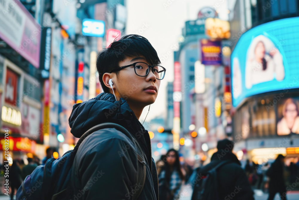 a modern urban explorer in a candid wide-angle shot. a young Asian man, stylishly dressed in streetwear, with headphones in his ears, walking through a busy intersection in the city. a modern urban explorer in a candid wide-angle shot. a young Asian man, stylishly dressed in streetwear, with headphones in his ears, walking through a busy intersection in the city.