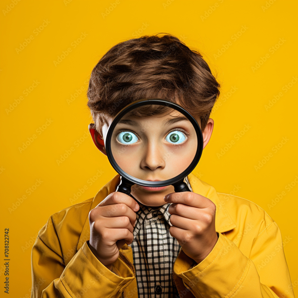 Child with magnifying glass on yellow background. Child with magnifying glass on yellow background.