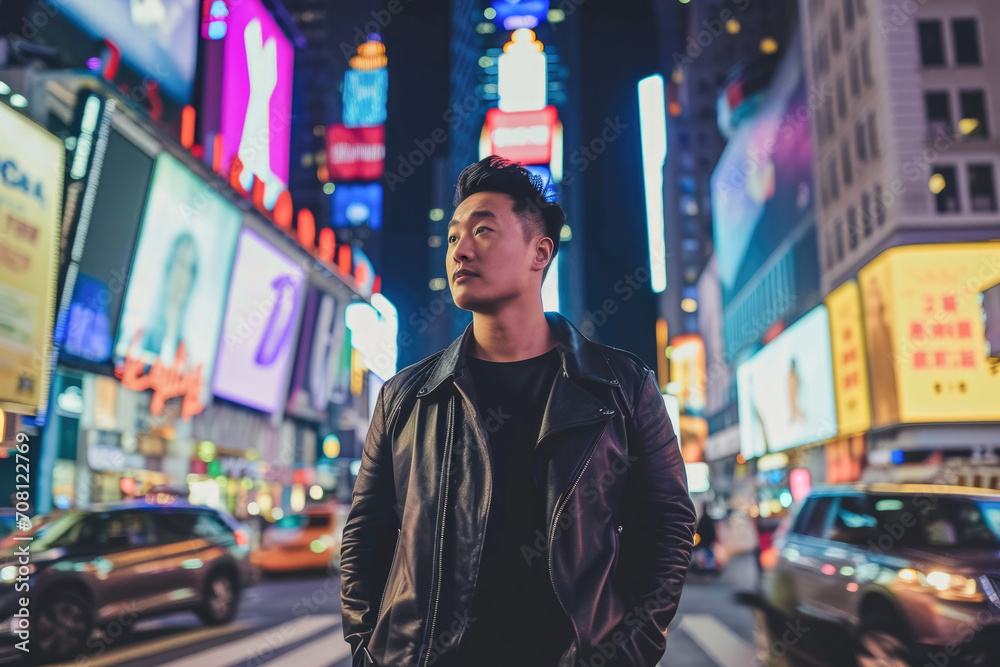 Imagine a bustling urban setting at night, with neon lights and city life. A confident, adventurous 30 - year - old Asian man, dressed in a leather jacket and jeans, is exploring the city streets. Imagine a bustling urban setting at night, with neon lights and city life. A confident, adventurous 30 - year - old Asian man, dressed in a leather jacket and jeans, is exploring the city streets.