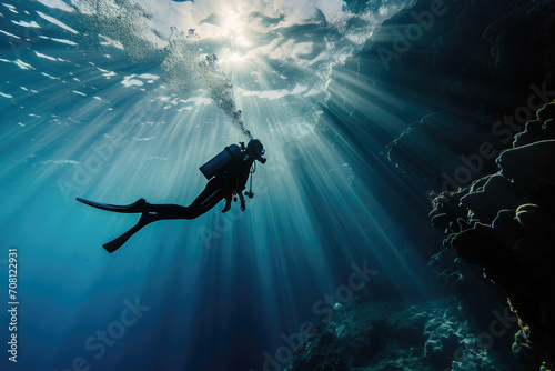A scuba diver dives in the beautiful ocean.