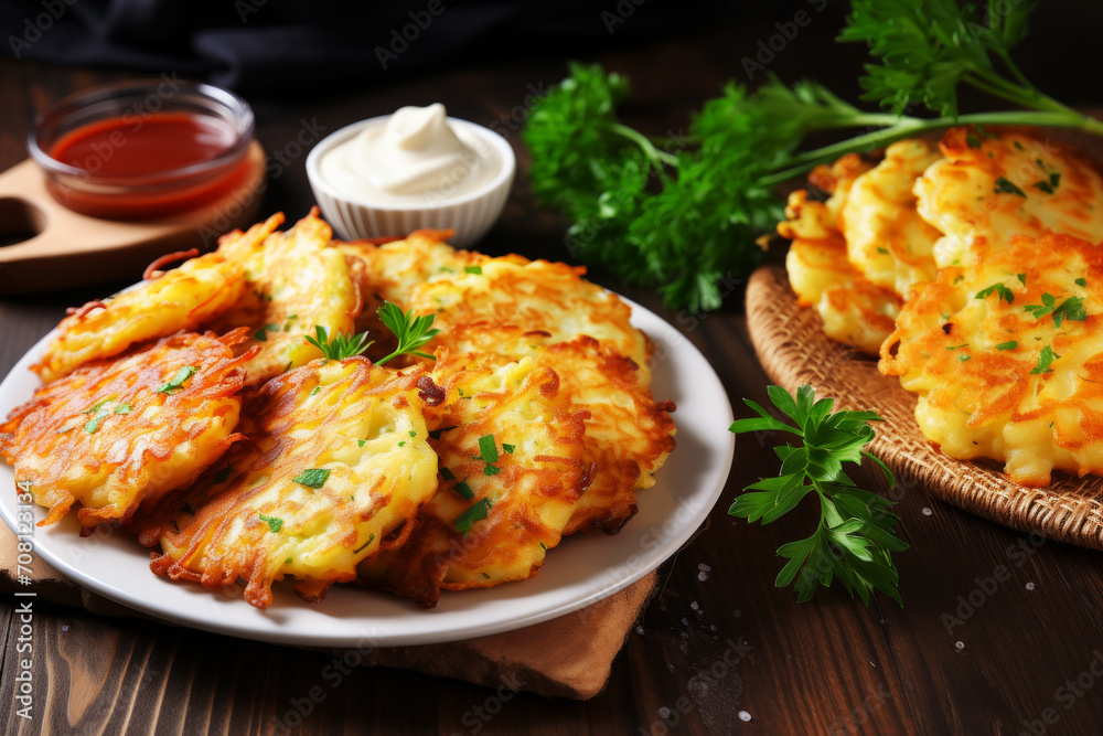 Potato pancakes with sour cream and herbs on a black background. Belarusian, Russian traditional cuisine. Potato pancakes with sour cream and herbs on a black background. Belarusian, Russian traditional cuisine.