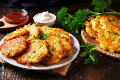 Potato pancakes with sour cream and herbs on a black background. Belarusian, Russian traditional cuisine.
