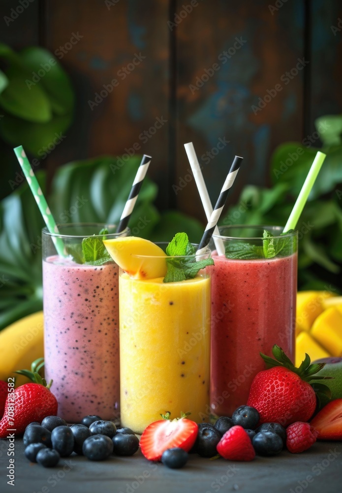 Smoothies made from fresh fruits in glass cups with tubes Smoothies made from fresh fruits in glass cups with tubes