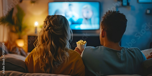 young couple enjoying movie, movie night, romantic, valentines day indoor date photo