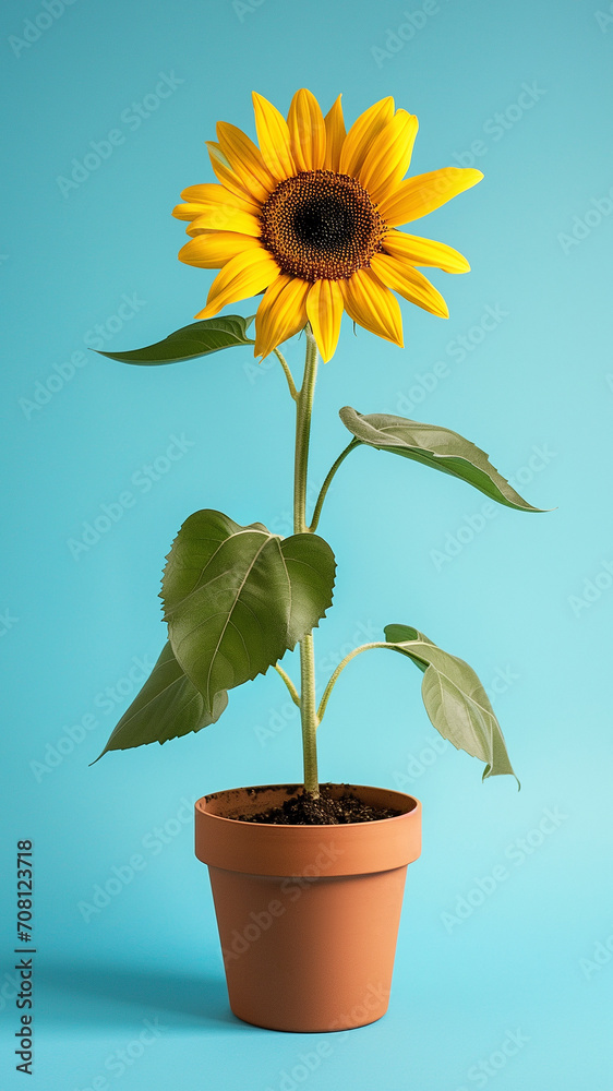 Obraz premium A sunflower in small pot on a blue background. 