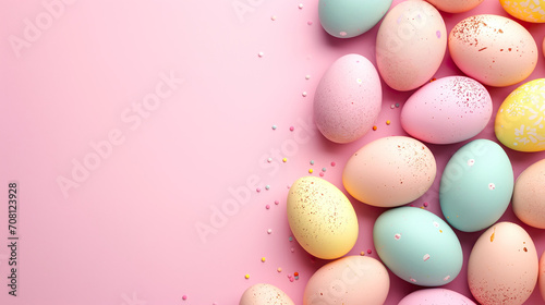 Easter eggs in different pastel colors on pink background