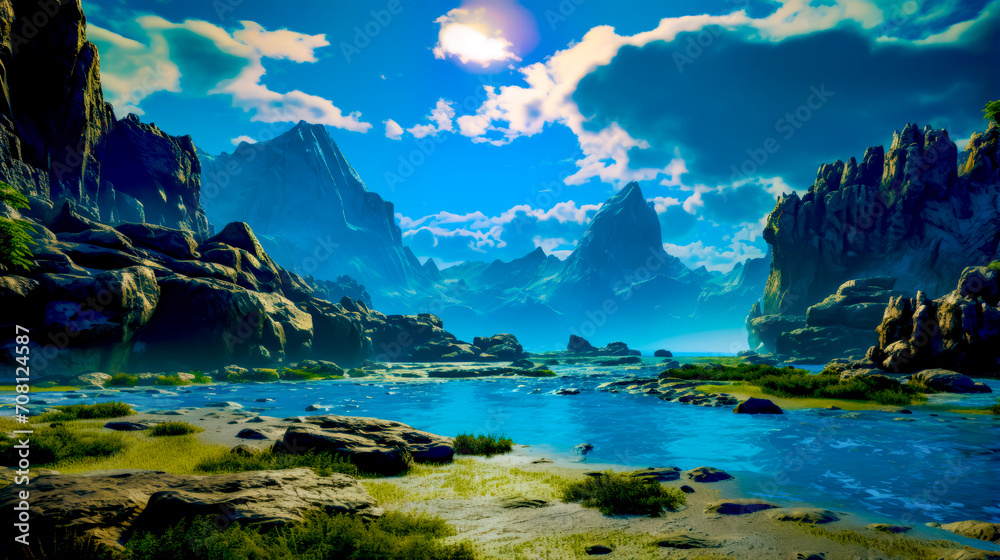 River surrounded by mountains and grass under blue sky with white clouds.