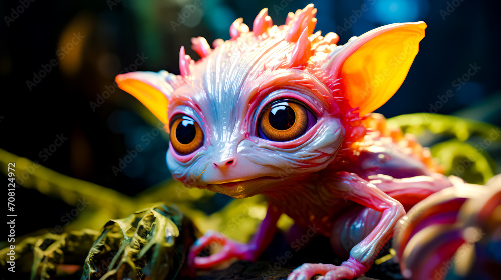 Naklejka premium Close up of small toy animal on tree branch with blurry background.