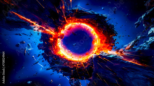 Ring of fire in the middle of dark blue space with stars.