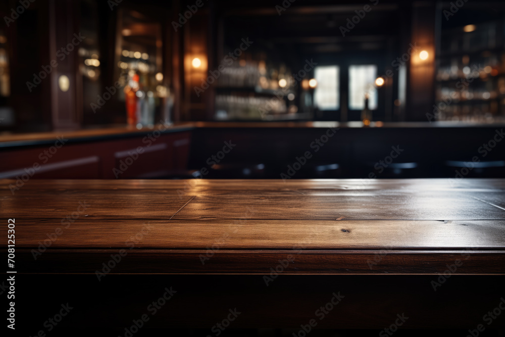 A empty wooden dark table, elegant bar in the background.	
