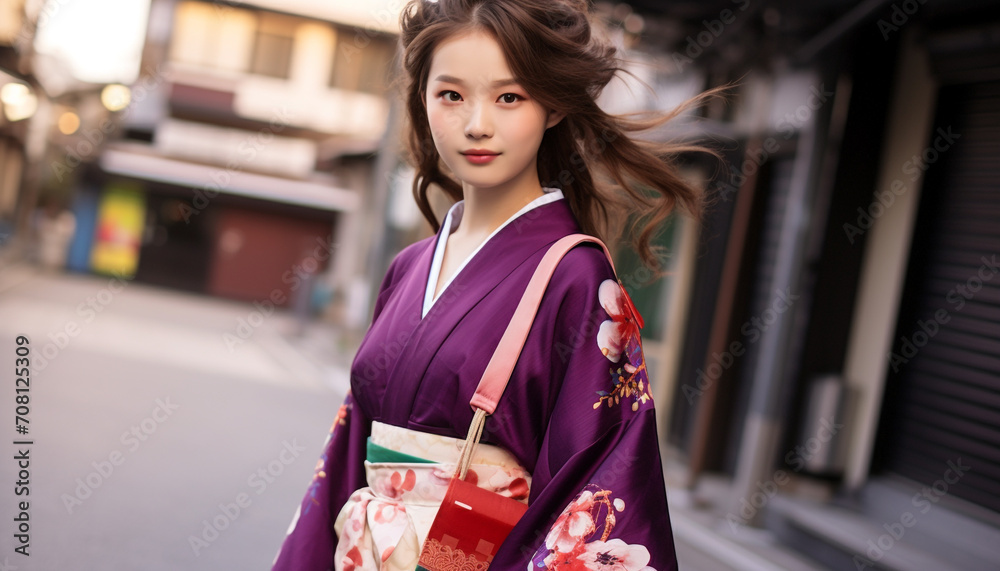 Fototapeta premium Beautiful young Japanese woman in traditional clothing generated by AI