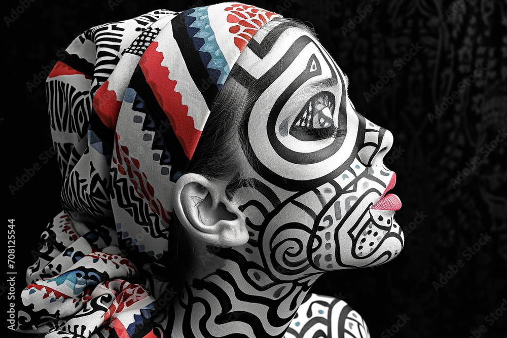 Fototapeta premium A striking portrait of a girl with bold, abstract patterns painted on her face, set against a stark monochrome backdrop, creating a visually dramatic and expressive composition.