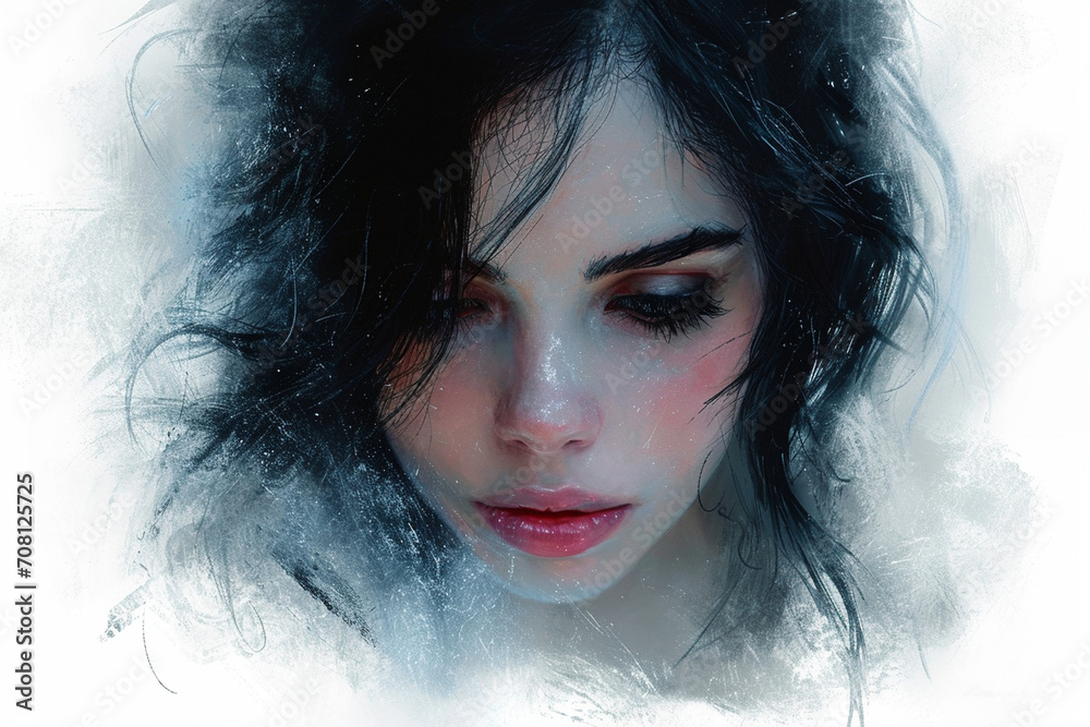 A dreamy and ethereal portrait of a girl with soft paint strokes accentuating her features, set against a monochrome backdrop, creating a sense of serenity and contemplation.