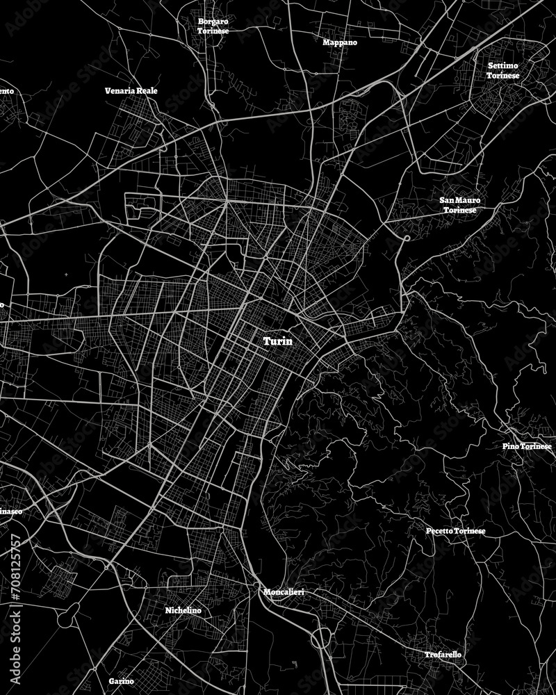 Turin Italy Map, Detailed Dark Map of Turin Italy