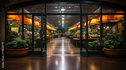 The inviting entrance of a grocery store opens to a well-stocked produce section, showcasing an abundance of fresh fruits and vegetables.