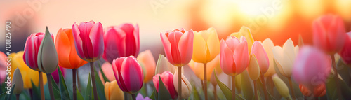 spring beautiful tulip flowers on blurred nature background banner for Woman day holiday card #708125798