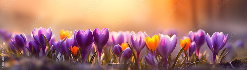 spring beautiful crocus flowers on blurred nature background banner for Woman day holiday card - obrazy, fototapety, plakaty 