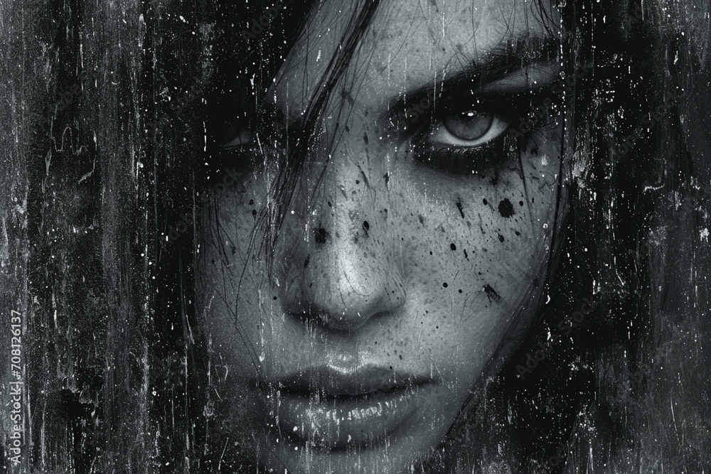 A mysterious and captivating portrait of a girl with her face adorned by abstract paint strokes, set against a monochrome background, conveying a sense of hidden emotions. A mysterious and captivating portrait of a girl with her face adorned by abstract paint strokes, set against a monochrome background, conveying a sense of hidden emotions.
