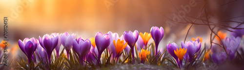 spring beautiful crocus flowers on blurred nature background banner for Woman day holiday card