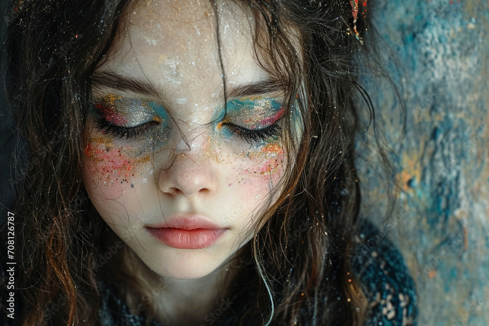 A whimsical and enchanting image of a girl with paint forming whimsical patterns on her face, adding a touch of magic and playfulness against a monochrome backdrop. A whimsical and enchanting image of a girl with paint forming whimsical patterns on her face, adding a touch of magic and playfulness against a monochrome backdrop.