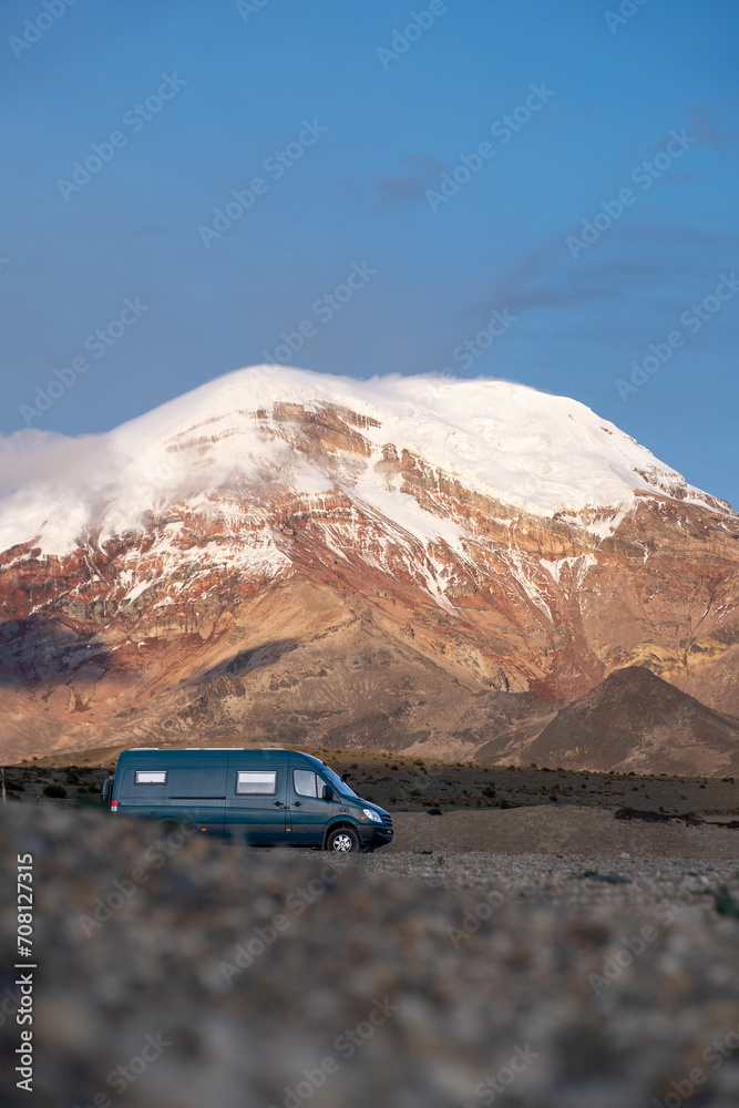 Blue hour vanlife with a volcano behind