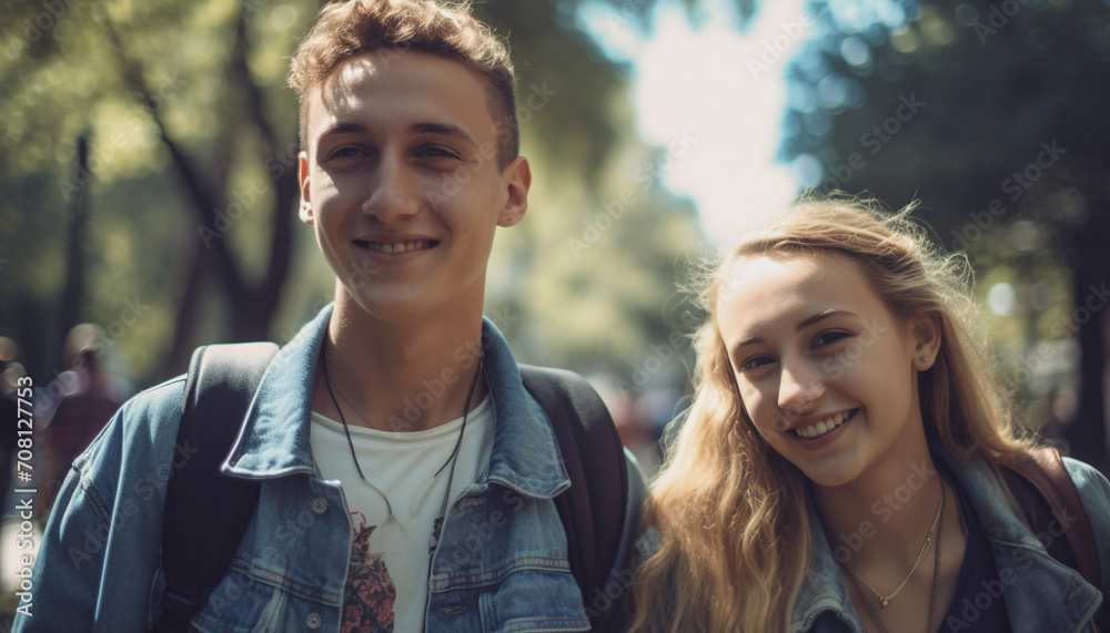 Smiling outdoors, happiness in lifestyles, cheerful Caucasian men looking at camera generated by AI Smiling outdoors, happiness in lifestyles, cheerful Caucasian men looking at camera generated by AI