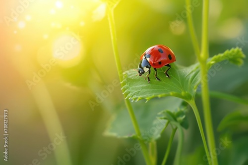 Single red ladybug climbing a green stem in bright sunlight