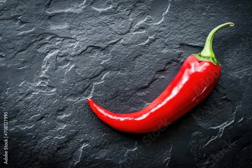 Single red chili pepper on a black surface