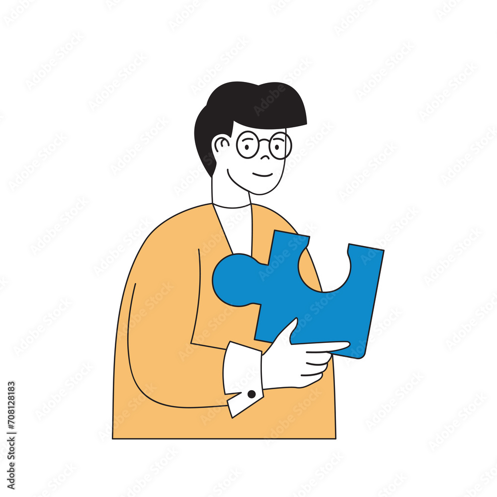 Mental health concept with cartoon people in flat design for web. Man holds puzzle piece and trying solving problems at psychotherapy. Vector illustration for social media banner, marketing material. Mental health concept with cartoon people in flat design for web. Man holds puzzle piece and trying solving problems at psychotherapy. Vector illustration for social media banner, marketing material.